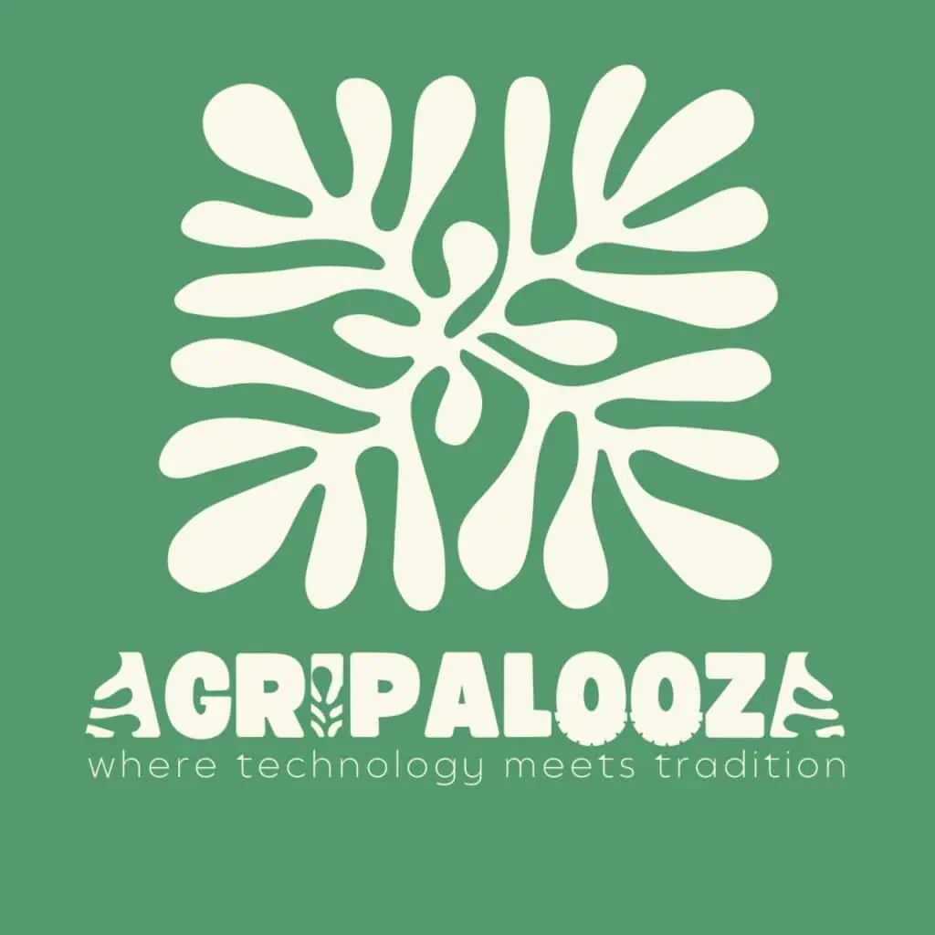 Agripalooza logo with off-white letters and design on green background. The design is one large leaf-like pattern above the name of the event and "where technology meets tradition" in lowercase.