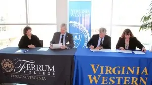 Above photo, from left to right: Ferrum College Provost and Vice President for Academic Affairs Aimé Sposato; Ferrum College President David Johns; Virginia Western President Robert Sandel; and Virginia Western Vice President of Academic and Student Affairs Elizabeth Wilmer.