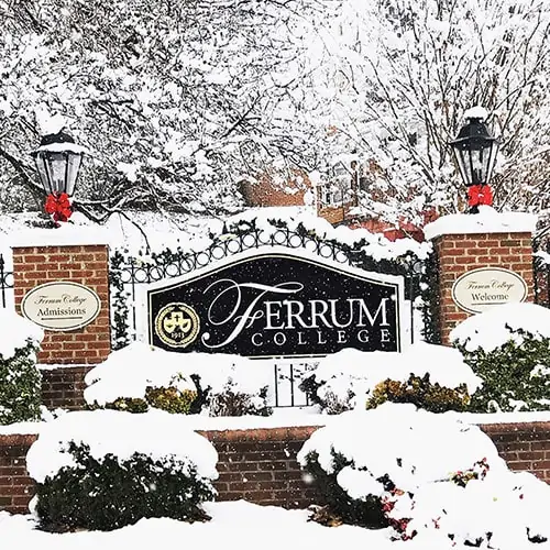 Ferrum College front gate in the snow photo by alumna Taylor Woods