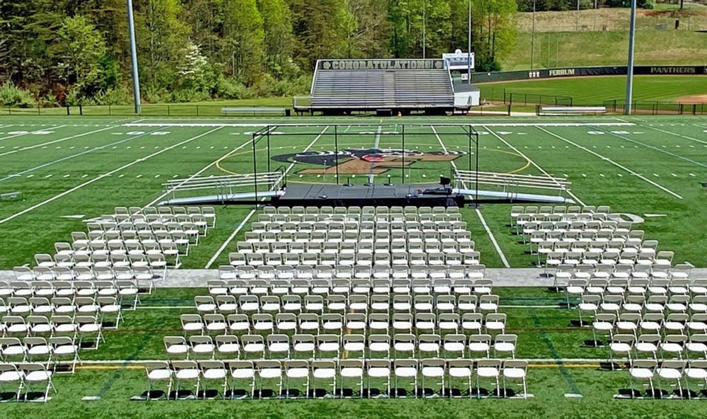Ferrum College commencement set up in Adams Stadium