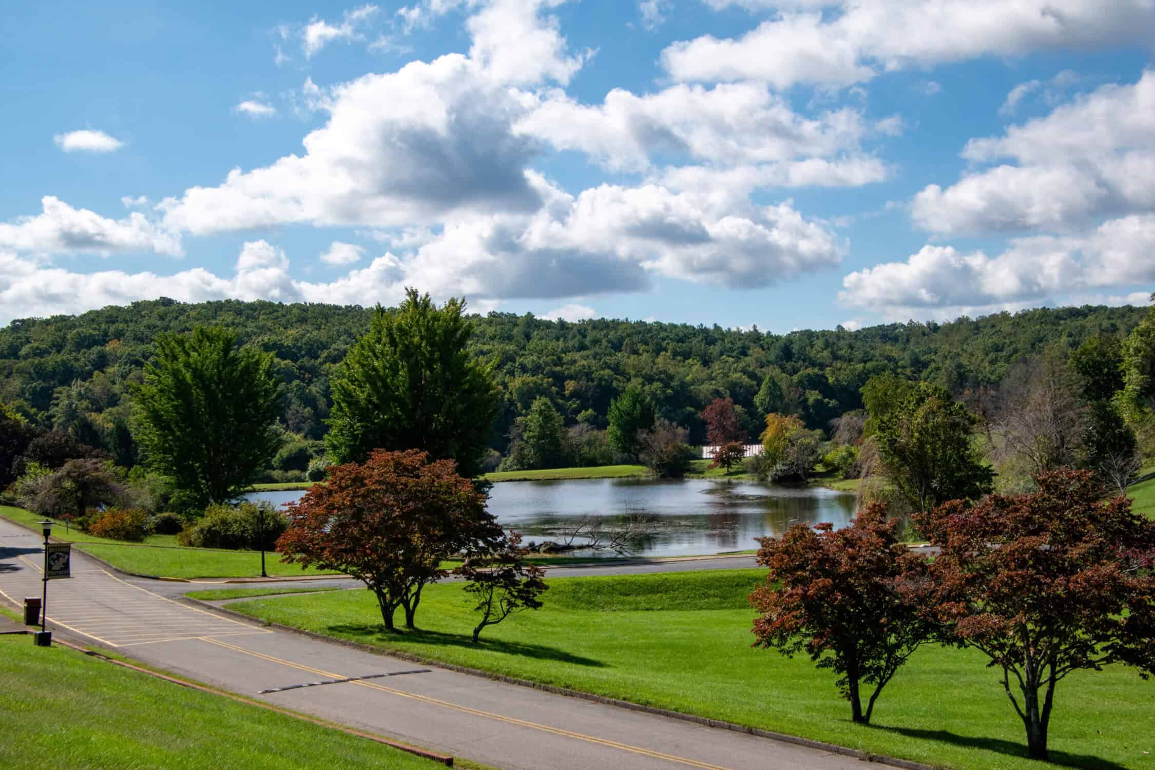 Campus landscape with pond in the middle, red trees in foreground, green hills and clouds in background, small street in foreground