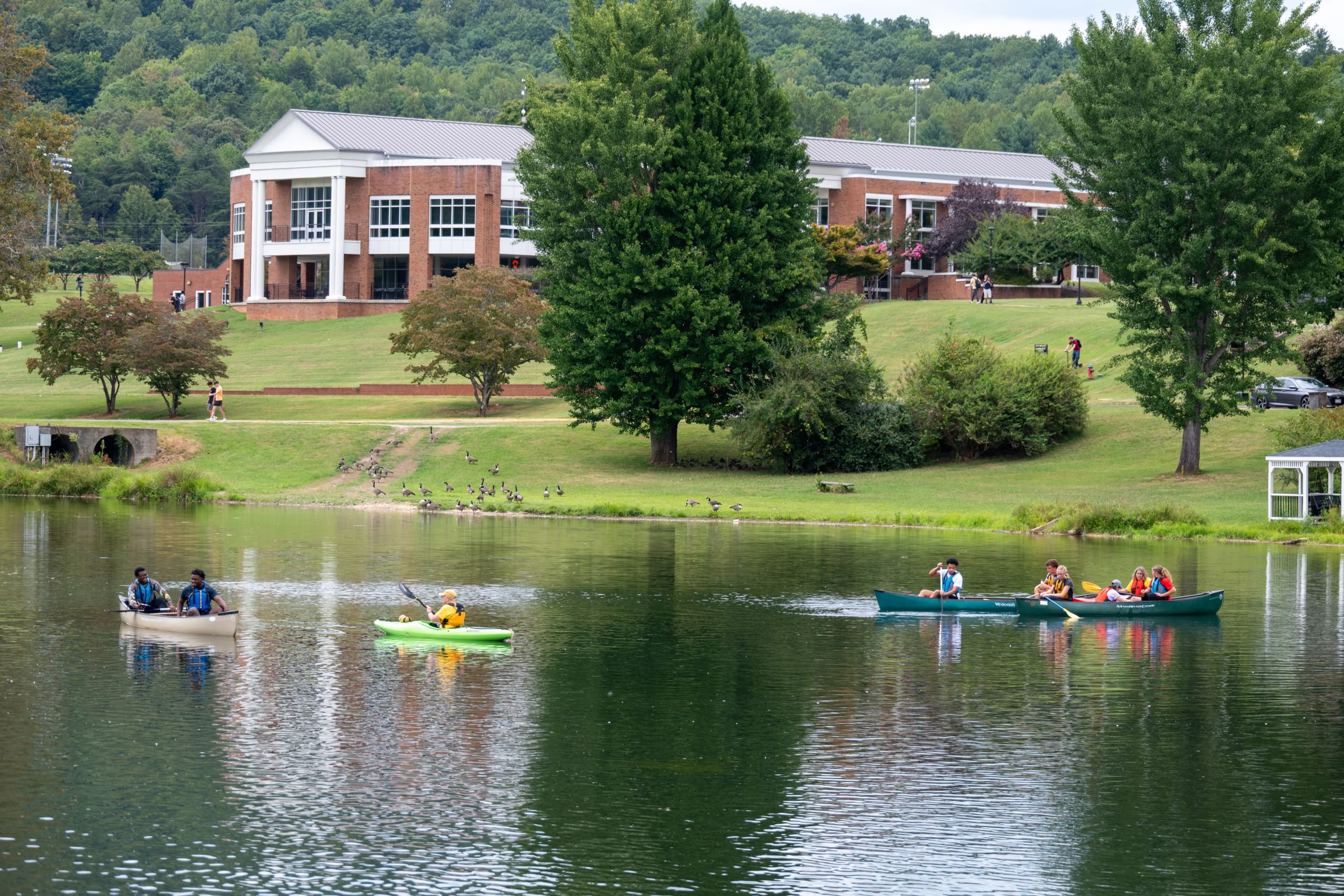 Small lake with faculty and students in several canoes, green landscape and brick and white campus building in background, with ducks on grass