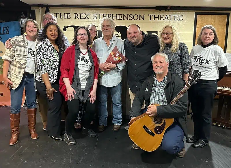 Faculty, family and alumni with Rex Stephenson at dedication of The Rex Stephenson Theatre