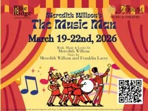 Red, orange and yellow flyer for "The Music Man" at Ferrum College with theatre curtains on sides, a marching band in red at the bottom, and lettering in black, with a QR code for tickets. 
