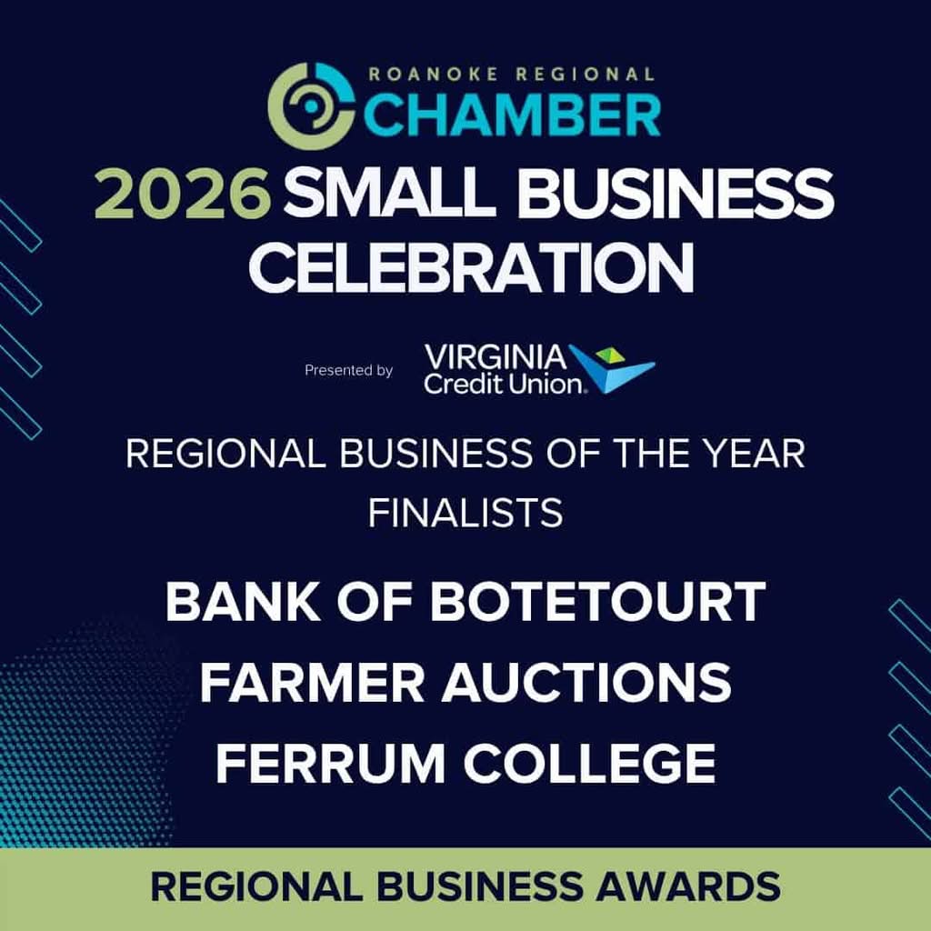 Black graphic with white print and lime trim, about 3 finalists for Roanoke region Small Business Award finalists 2026