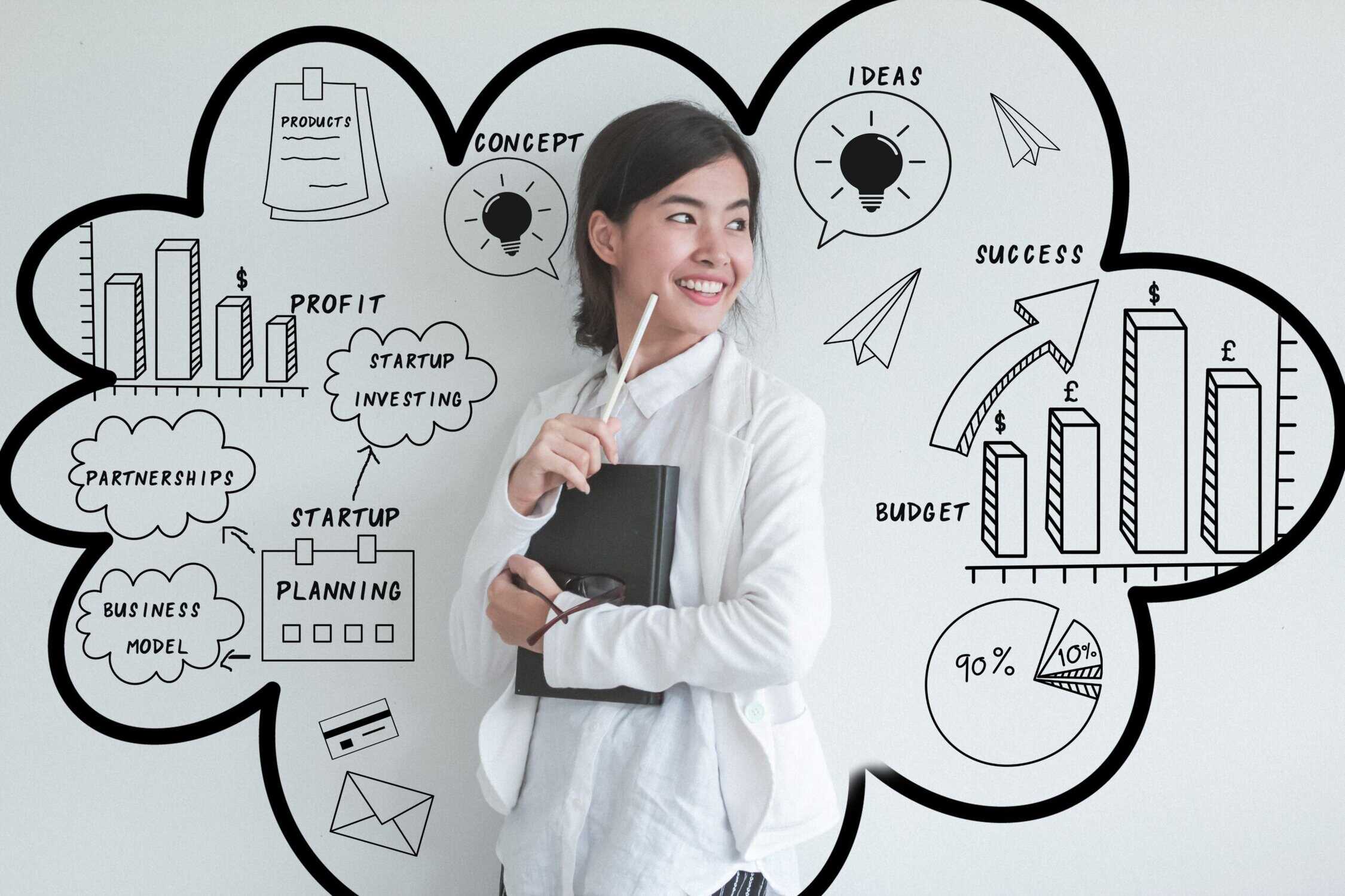 woman in white shirt holding a book in front of different graphics of finance reports