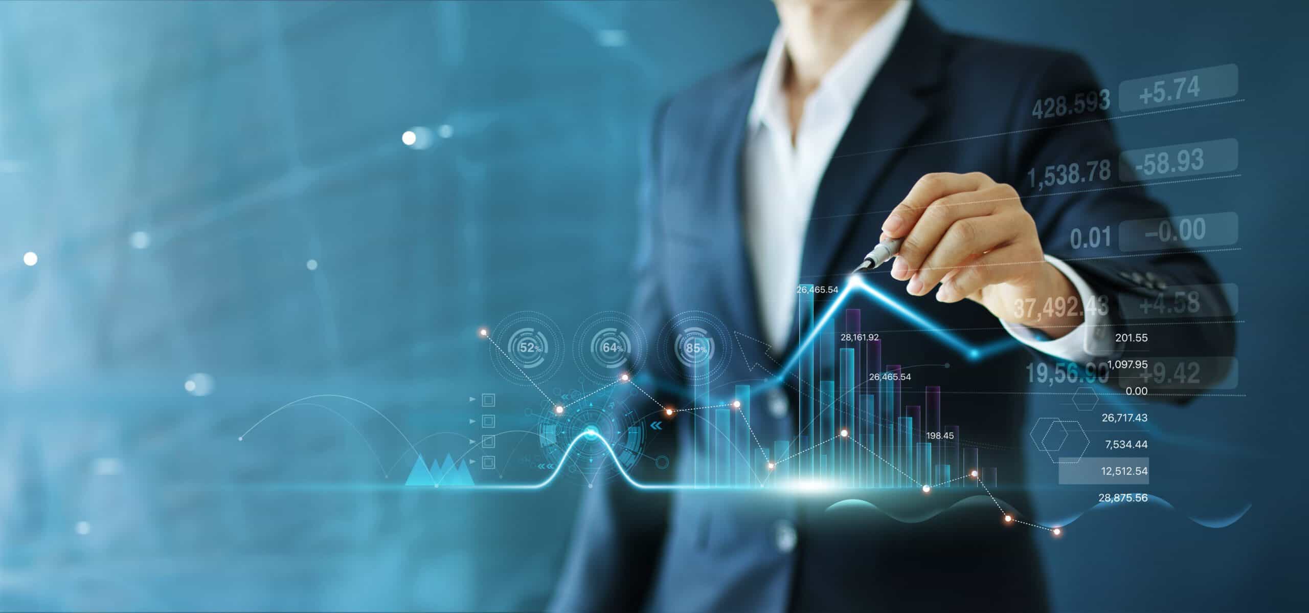 man in blue suit drawing in the air a growth chart for analysis