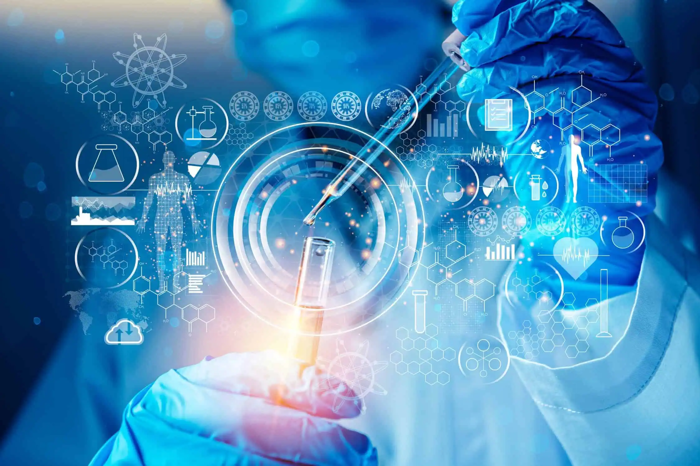 close up of person wearing surgical mask pouring liquid into a test tube with other chemistry graphics surrounding it