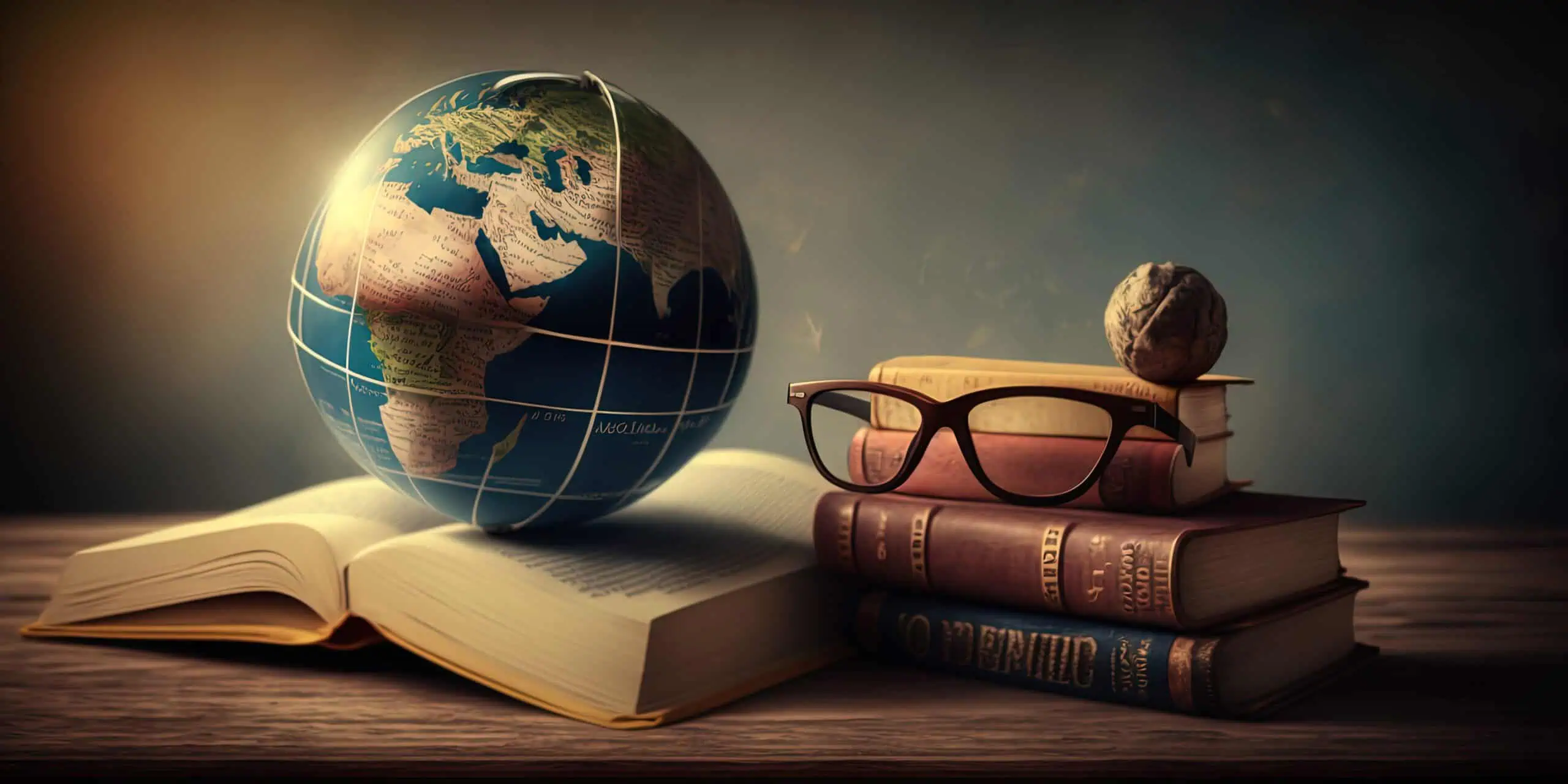 globe laying on an open book next to a small stack of books with glasses on top