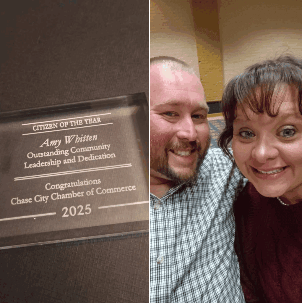 Double photos with a brown closeup of a citizen of the year award on left for Amy Whitten in 2025 and a self of her on right in a dark shirt nest to her husband in a blue plaid shirt