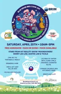 Light blue poster with lots of navy and red print about the BRIM BBQ Cook Off and Car Show, April 25 2026. A large round logo has navy rim with a pig driving a hotrod in the middle and a moonshine still behind it. A white silhouette of a BBQ grill is in the bottom center, with logos of affiliated organizations around the poster.