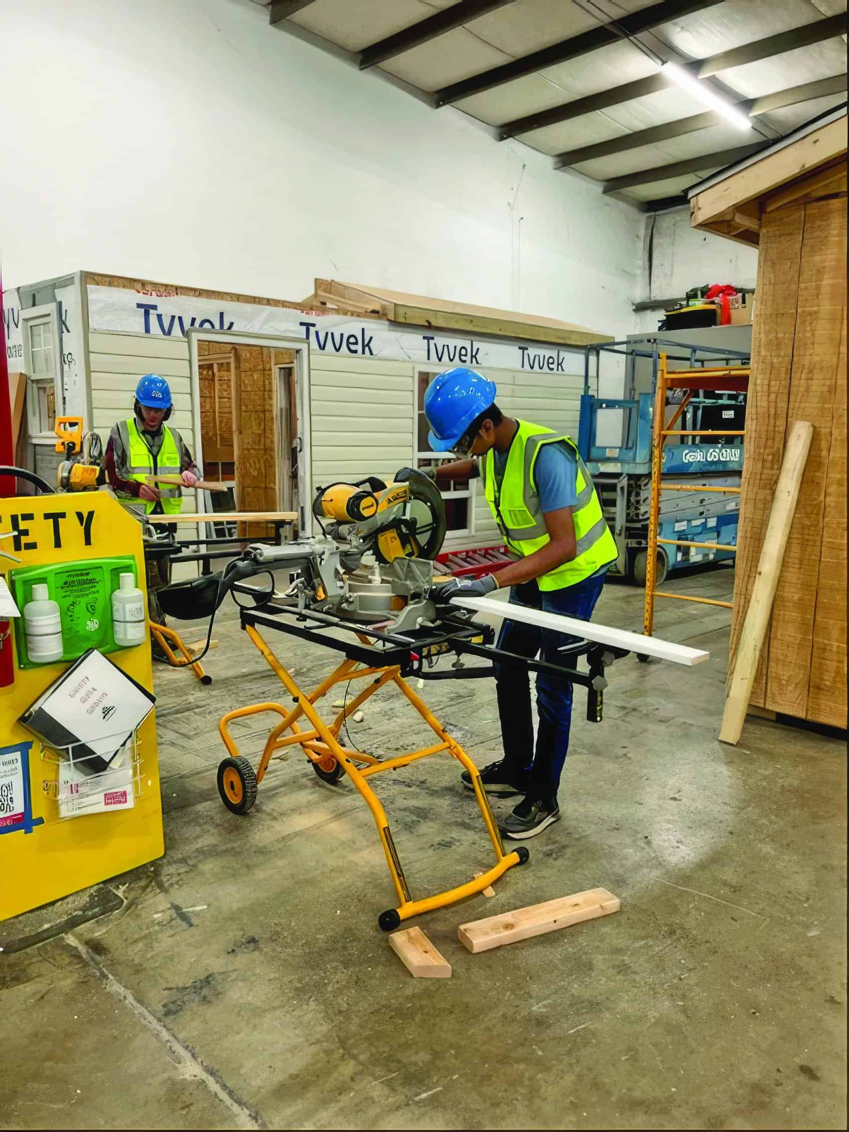 Students use a miter saw to cut pieces of wood, wearing their safety gear.