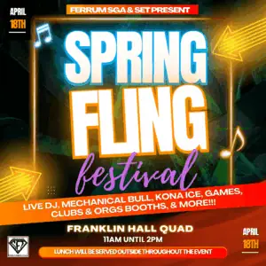 Multicolored Spring Fling festival poster with text on red bands and a black box with gold shiny arrows and musical notes, and logos at the top and bottom