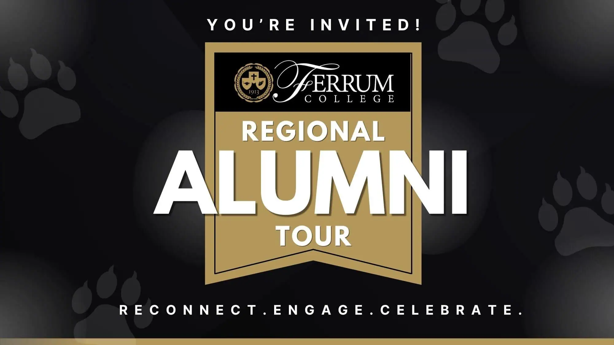 Regional alumni tour banner. on a black canvas with panther paws on the side.