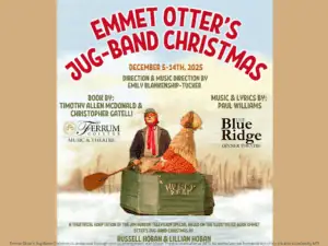 Emmet Otter's Jug-Band Christmas December 5 to 14th, 2025, Image shows Ma and Emmet Otter on their little green boat, The Hunky Dory, as they paddle down the river. 