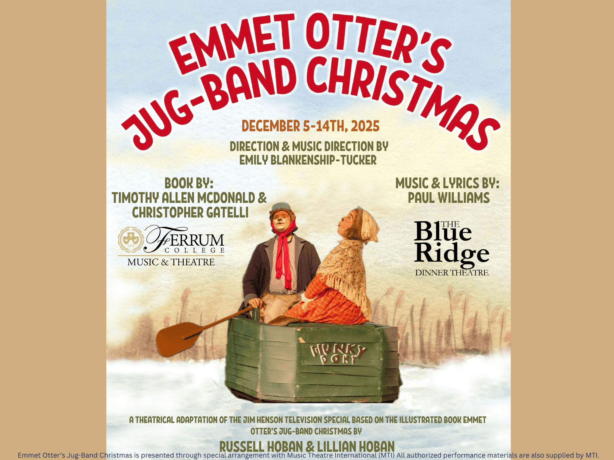 Emmet Otter's Jug-Band Christmas December 5 to 14th, 2025, Image shows Ma and Emmet Otter on their little green boat, The Hunky Dory, as they paddle down the river.