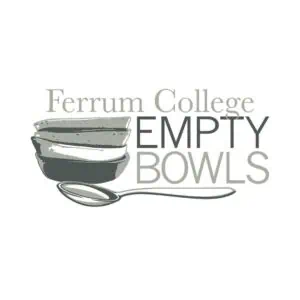 Grey on white drawing of a pile of several bowls and a spoon, with the words "Ferrum College Empty Bowls"
