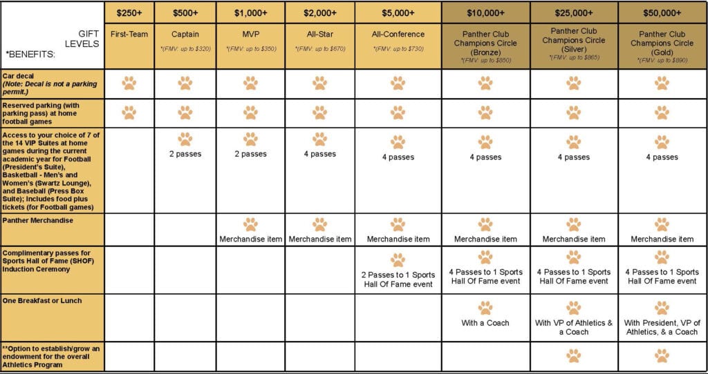 Table showing sponsorship levels from $250 to $25,000+ with corresponding benefits like parking, game passes, merchandise, and event access.