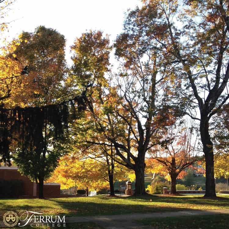 Central Ferrum College campus with fall trees, parts of brick buildings (Garber Hall) and walkways