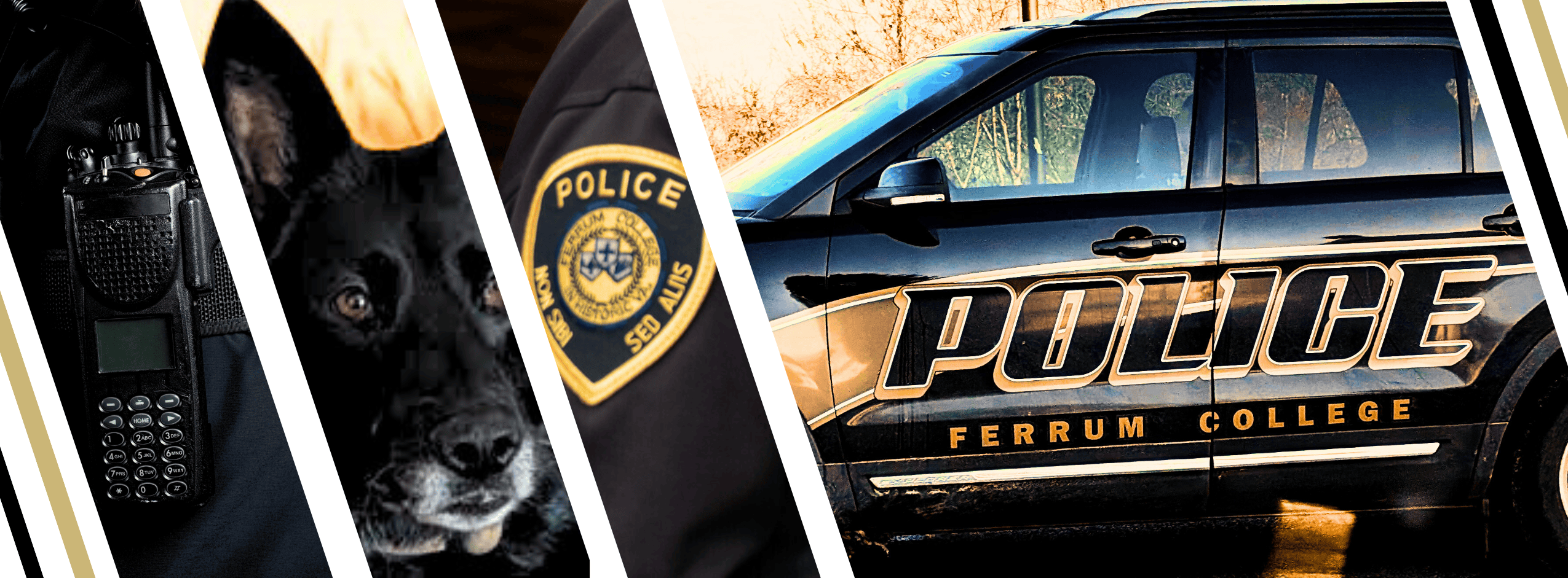 a decorative collage of the ferrum police cruiser, Erika our KP, a police badge, and a police radio.