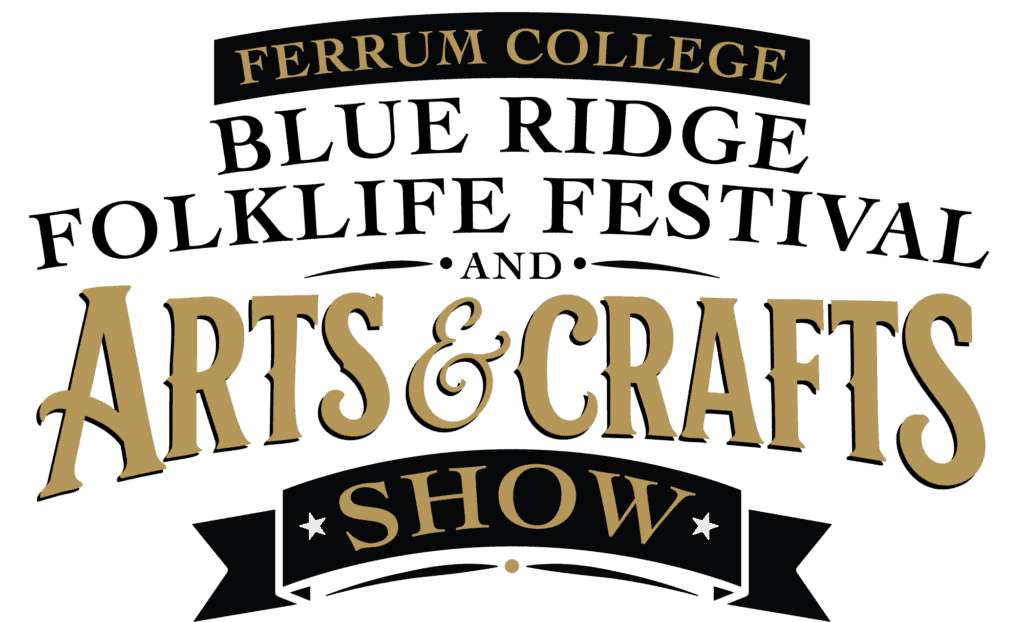 New logo for Blue Ridge Folklife Festival and Arts and Crafts Show, with white background, and black and gold curved lettering