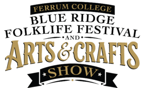 New logo for Blue Ridge Folklife Festival and Arts and Crafts Show, with white background, and black and gold curved lettering