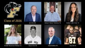 Ferrum College Athletics Sports Hall of Fame Class of 2026 featuring six inductees with portraits and names.