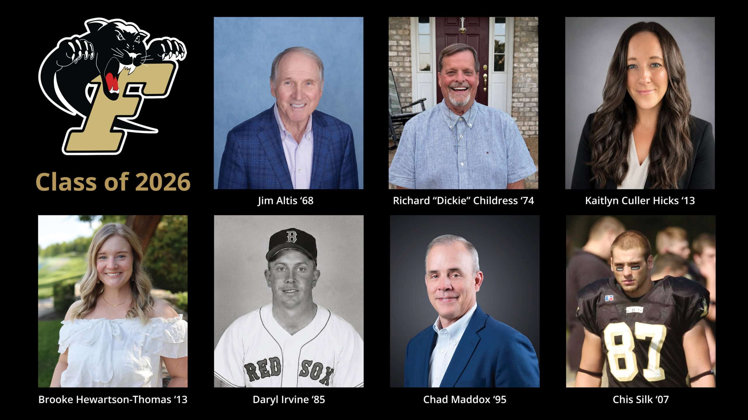Ferrum College Athletics Sports Hall of Fame Class of 2026 featuring six inductees with portraits and names.