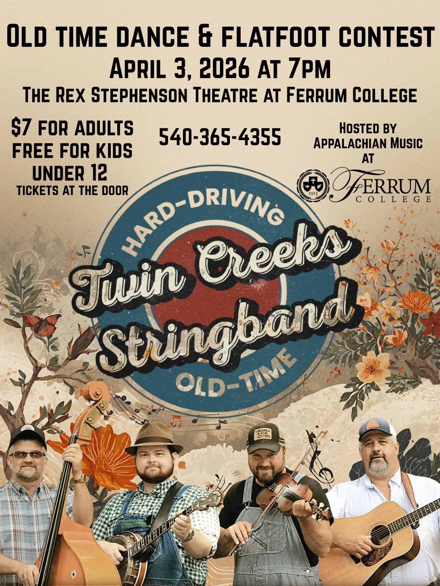 Colorful poster, mostly earth tones, for Old-time Dance and Flatfoot Contest with photos of Twin Creeks Stringband.