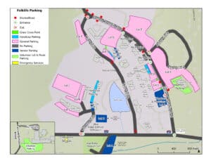 A map of the parking lot locations for the Folklife Festival.