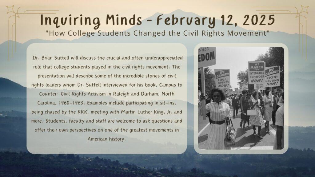Thumbnail image for the Ferrum College Presents “How College Students Changed the Civil Rights Movement” for Inquiring Minds Series news item