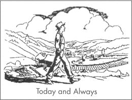 Jack Tale Players logo with black and white image of young man striding across mountain landscape in overalls and hat, hands in pockets, with Today and Always written at bottom