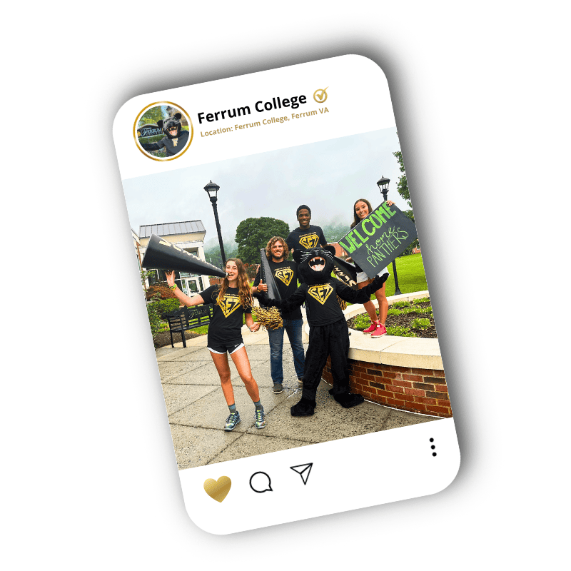 A graphic of a mock social media post by Ferrum College featuring students on campus. The heart react is highlighted at the bottom.