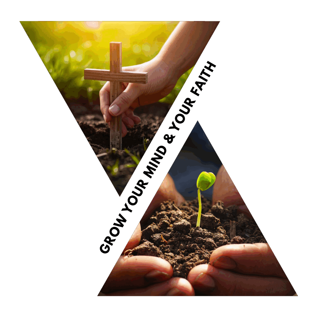 Two triangular images interlocked. The first shows a hand placing a small wooden cross into soil outdoors in sunlight. The second shows a small green plant sprouting from soil, gently cupped by two hands.