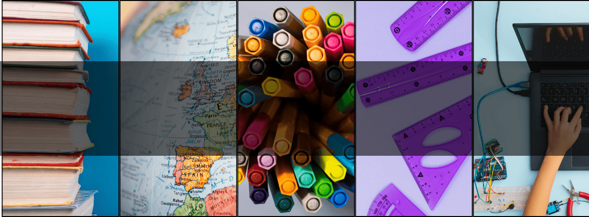Banner collage of educational tools such as markers, rulers, books and laptops.