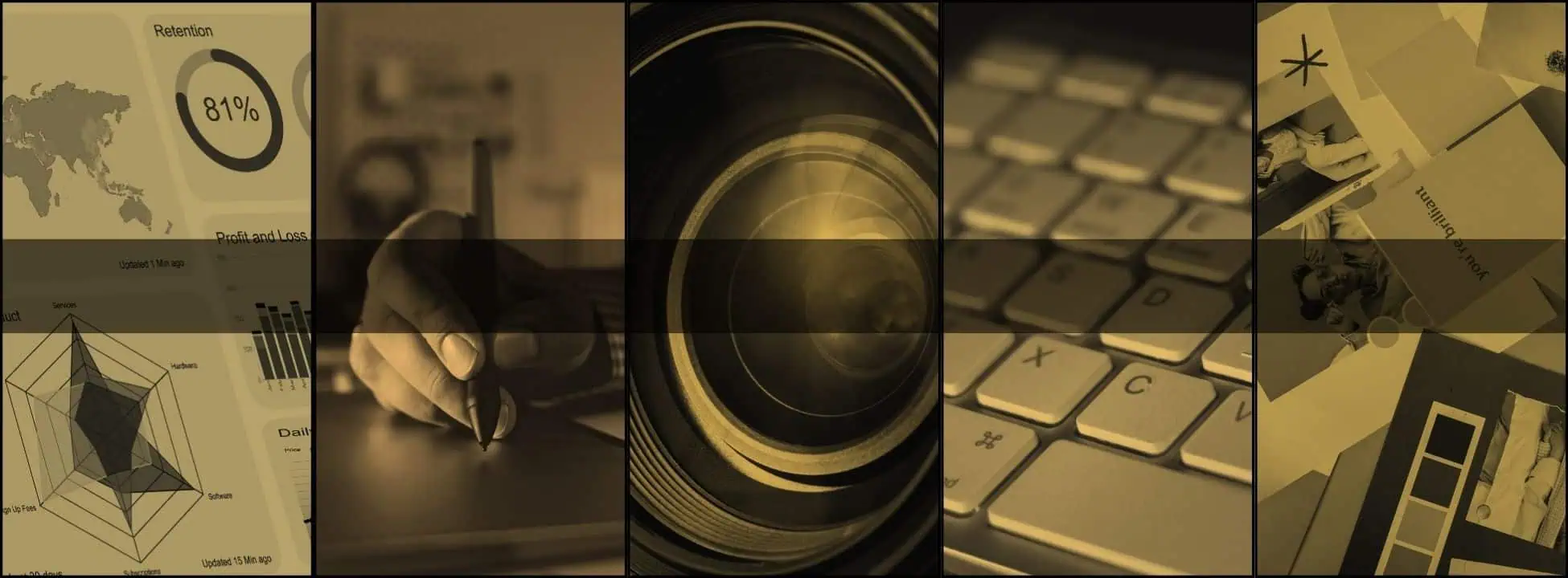A vibrant collage of images of communications, marketing, and creative processes. Including writing, digital art, photography, design, data charts, and marketing concepts.
