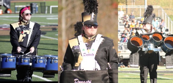 Three side-by-side photographs of student in marching band in black and gold uniform with tall hat, carrying a drum set.