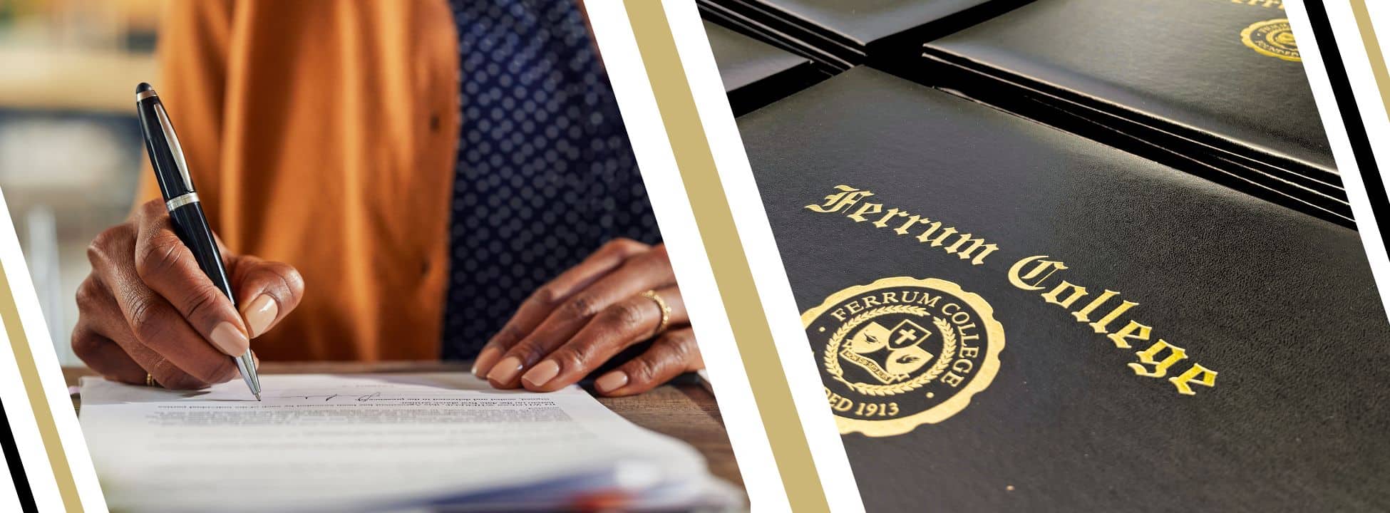 A hand signing registration documents and Ferrum College Diploma Folders with our seal.