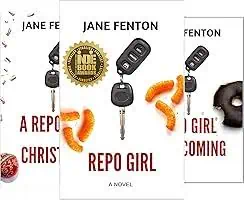 Three vertical book covers on top of them for Jane Fenton's Repo Girls series. White covers with black and bright colors of objects such as car keys snacks, with Indie book award gold seal.
