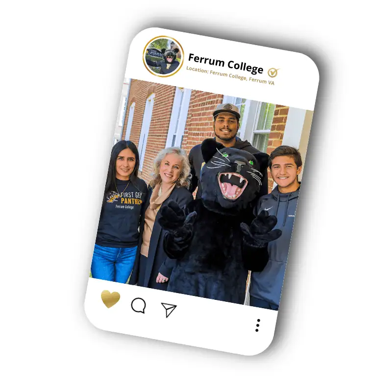 A graphic of a mock social media post by Ferrum College featuring students on campus. The heart react is highlighted at the bottom.