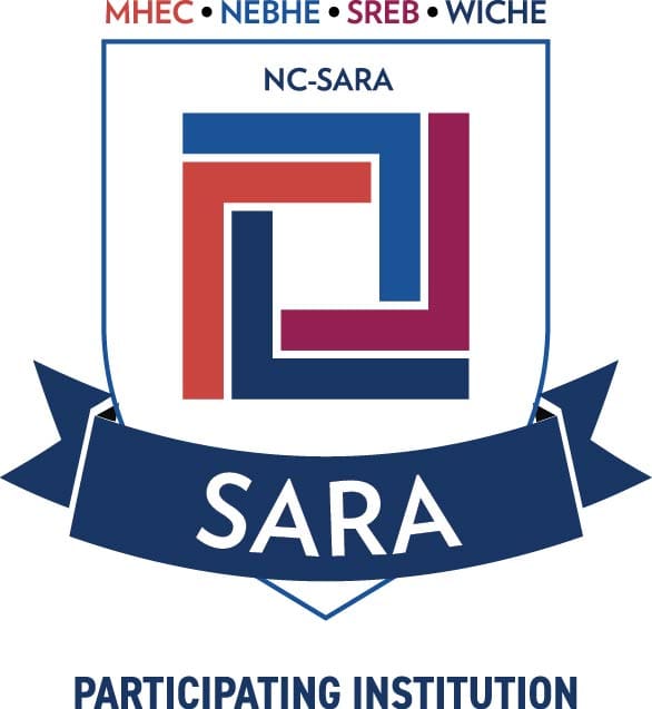 Official seal of SARA has  white emblem with navy ribbon across the bottom that says SARA and square intertwined bars in the middle in red and navy, with NC-SARA above that. At the bottom are the words Participating Institution in navy.