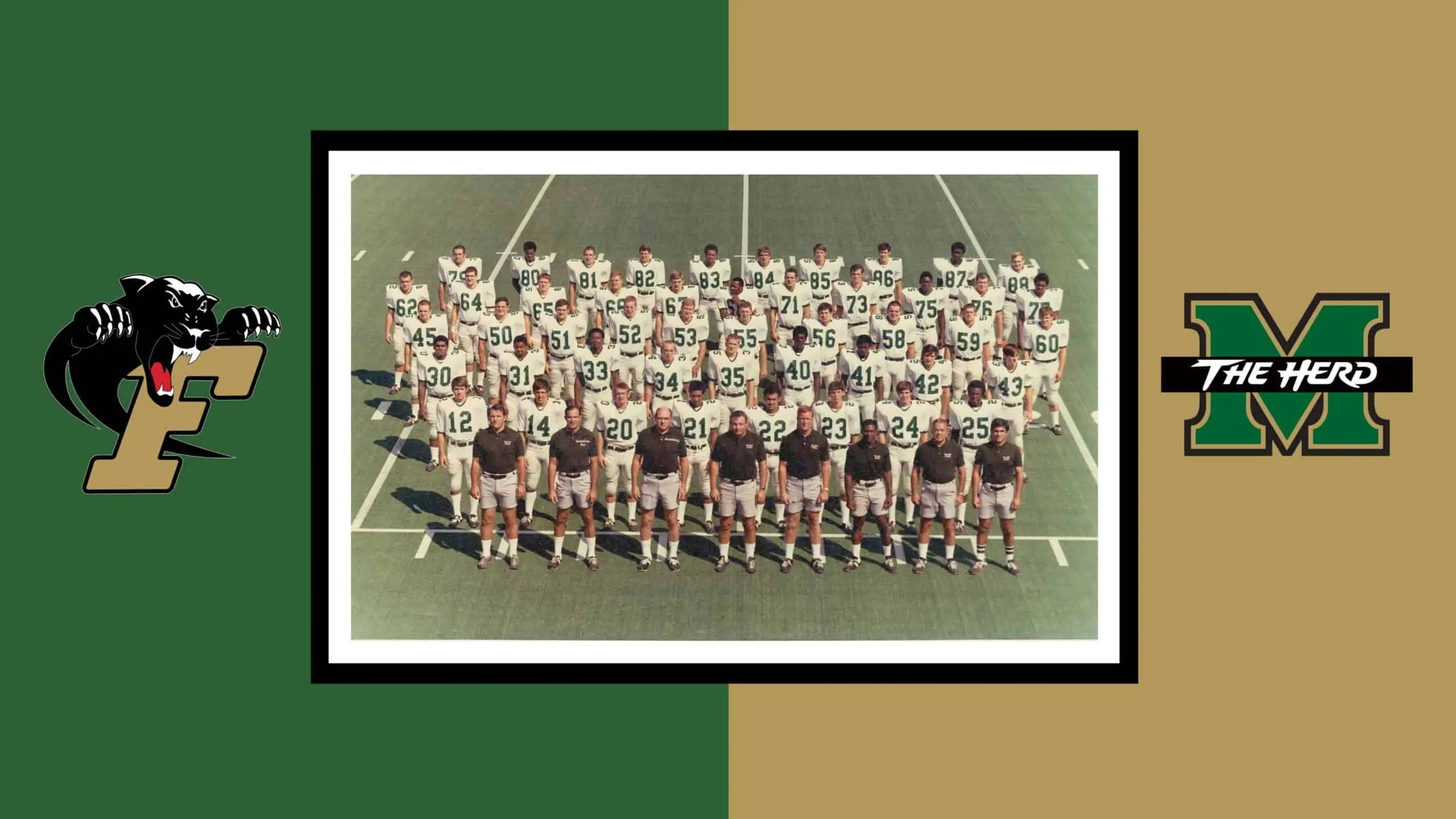 Green and gold graphic showing the Marshall 75 plus the Ferrum College and Marshall University logos