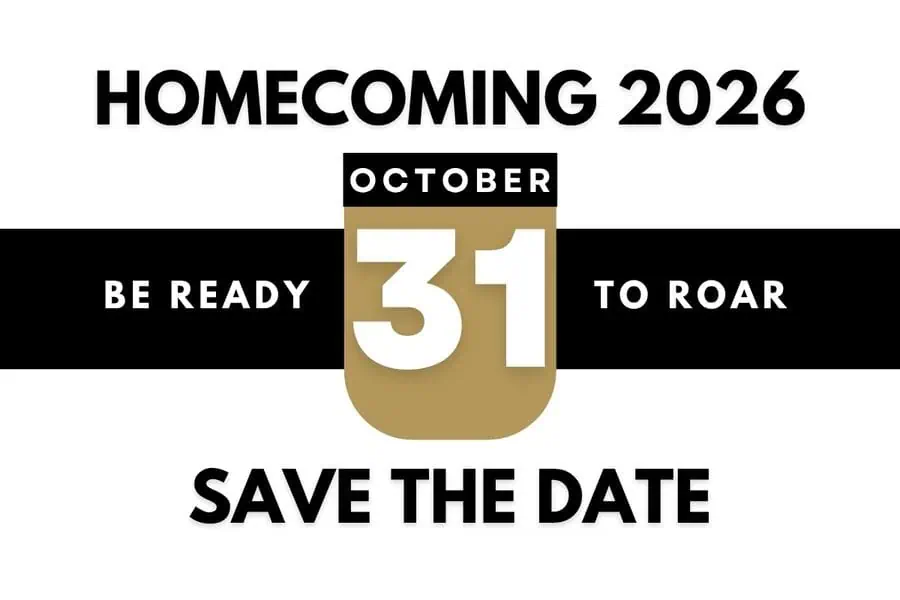 A save the date announcement for Ferrum College Homecoming 2026. October 31, 2026. Be ready to roar!