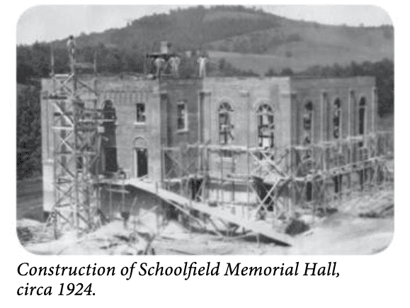 Black and white construction photo of Schoolfield Hall on the Ferrum College campus