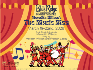 Meredith Wilson's The Music Man March 19 to 22nd 2026, Image has a yellow background and red and orange stage curtains, with a colorful marching band holding instruments