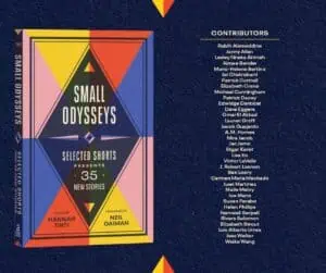 Black background with cover of anthology "Small Odysseys," with blocks of bright colors on cover and list of writers to the right of the cover