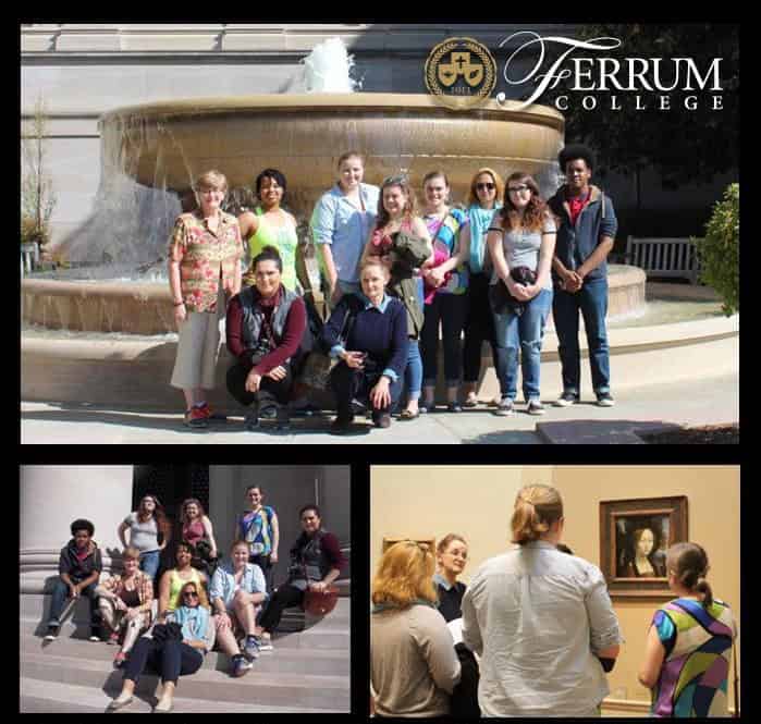 Three photos of professors at National Gallery of Art in DC, outside by fountain, on steps, and looking at the Da Vinci painting