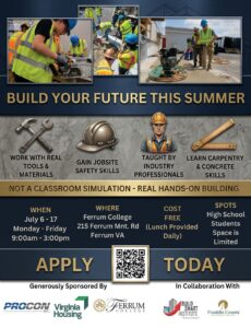 Flyer for Build Smart summer camps for high school students, with black borders and background, gold lettering and bar, photos of construction workers at work, and a row of construction trade images that look like they are etched onto the flyer, and a QR code for more information at Build Smart.