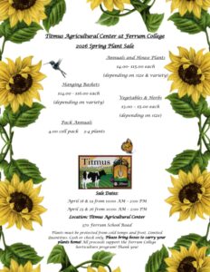 Flyer for Titmus Center plant sale at Ferrum College, with a border of sunflowers on white, a Titmus logo with a cow and barn, and details about the 2026 sale Apr. 18-26