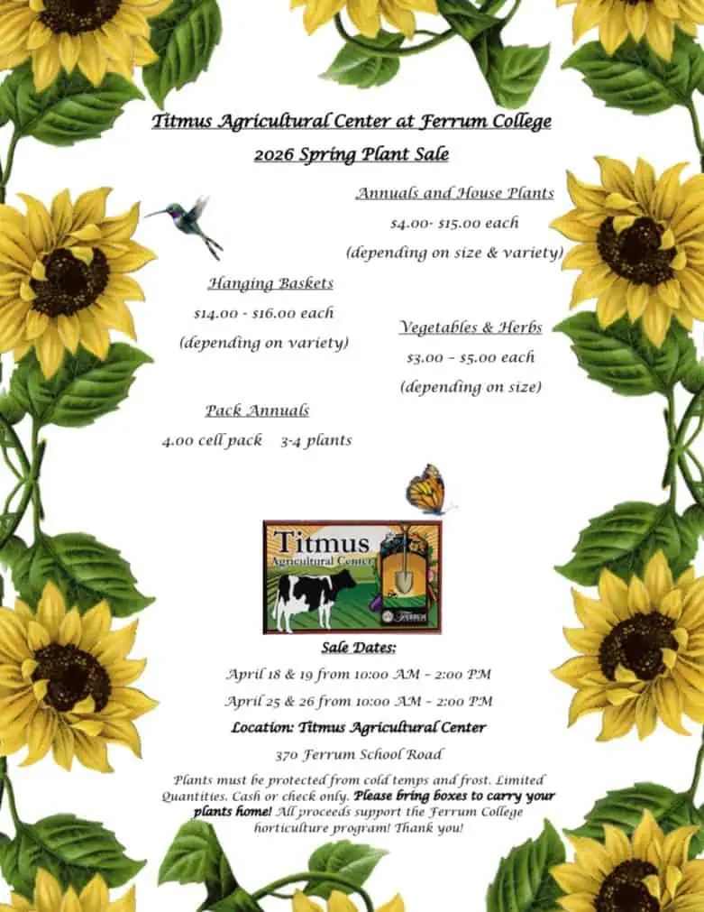 Flyer for Titmus Center plant sale at Ferrum College, with a border of sunflowers on white, a Titmus logo with a cow and barn, and details about the 2026 sale Apr. 18-26